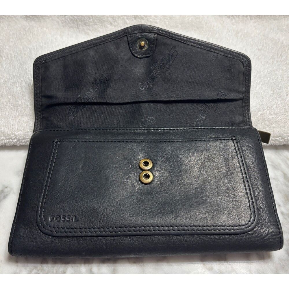 Fossil Women's Black Leather Trifold Wallet Organizer Snap Clutch Y2K Vintage - Picture 4 of 10